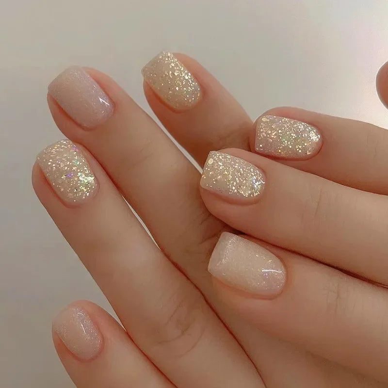24pcs Shiny Pearl Wearable Short Square Simple Detachable Full Cover Tips False Fake Press on Nails