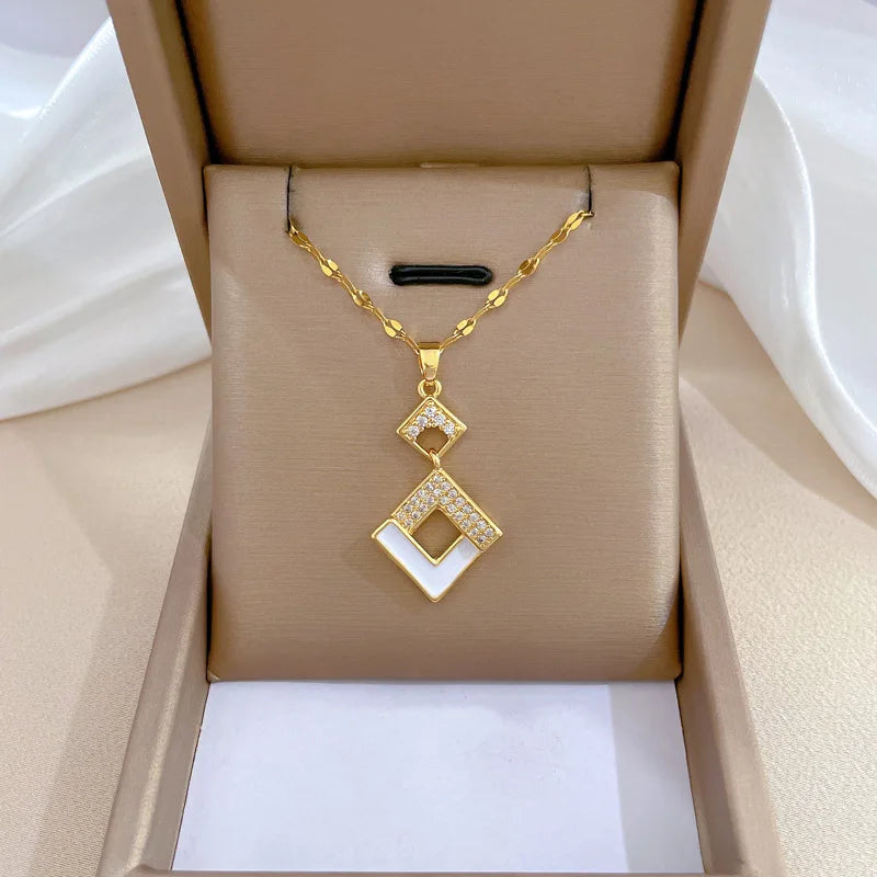 Crystal Enamel Square Pendant Gold Women Necklace Earring Jewelry Set Gift