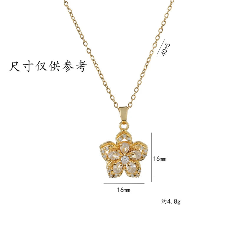 Exquisite Rotating Flower Shiny Zircon Pendant Charm Gold Clavicle Women Chain Choker Necklace Gifts