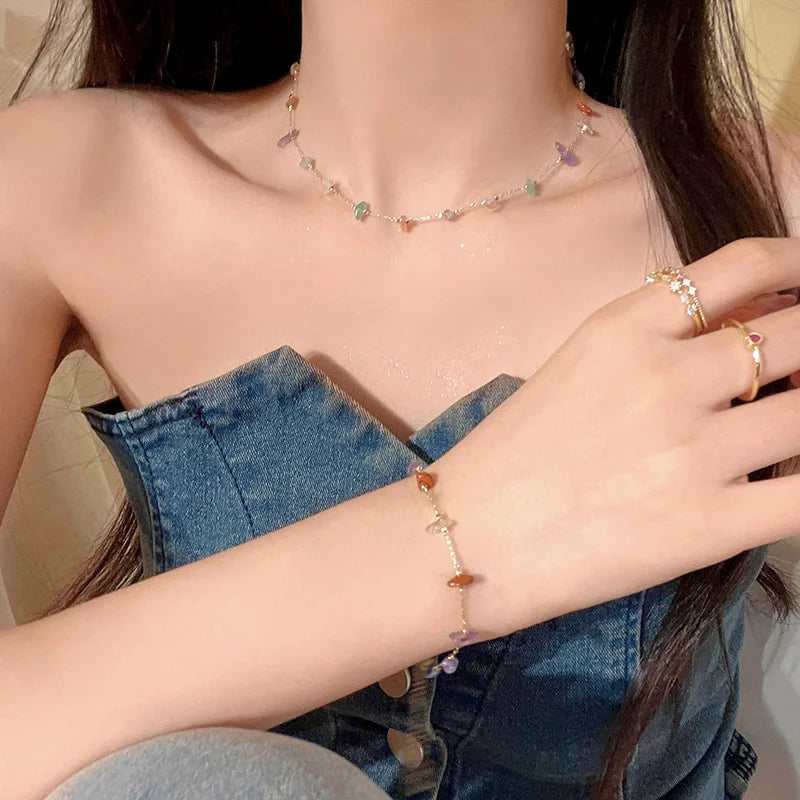 Trendy Cute Sweet Natural Stone Women Fall Simple Crystal Clavicle Chain Choker Necklace Jewelry