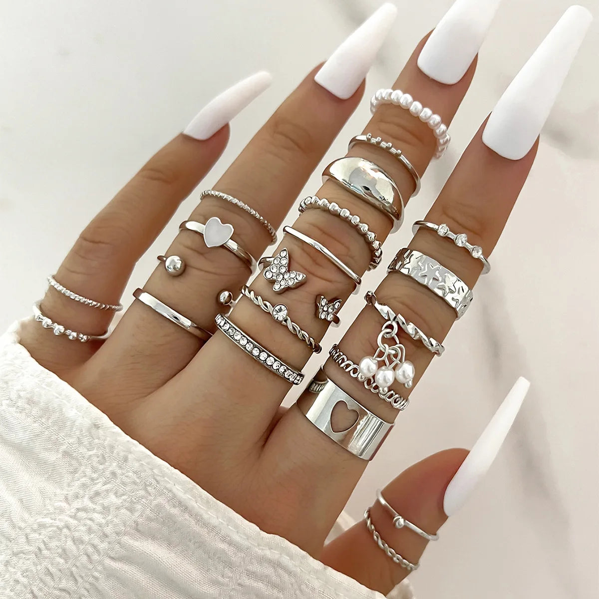 Fashion Simple Wave Joint Crystal Heart Shape Gold Silver Female Women Rings Set Party Jewelry Gifts