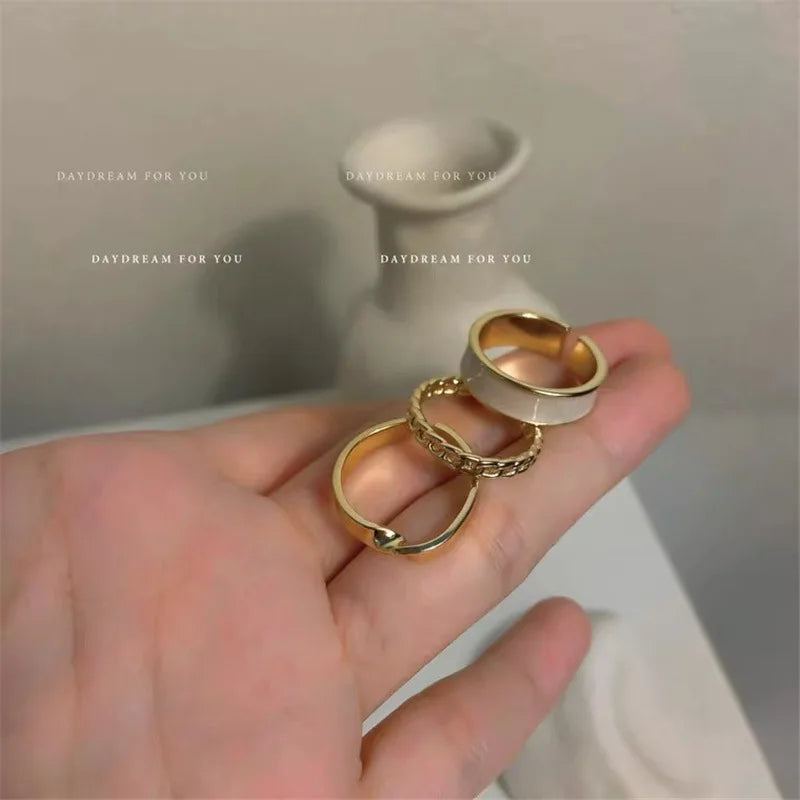 3pcs/Set Bohemian White Enamel Round Geometric Twist Open Adjustable Women Ring Sets Jewelry Gifts