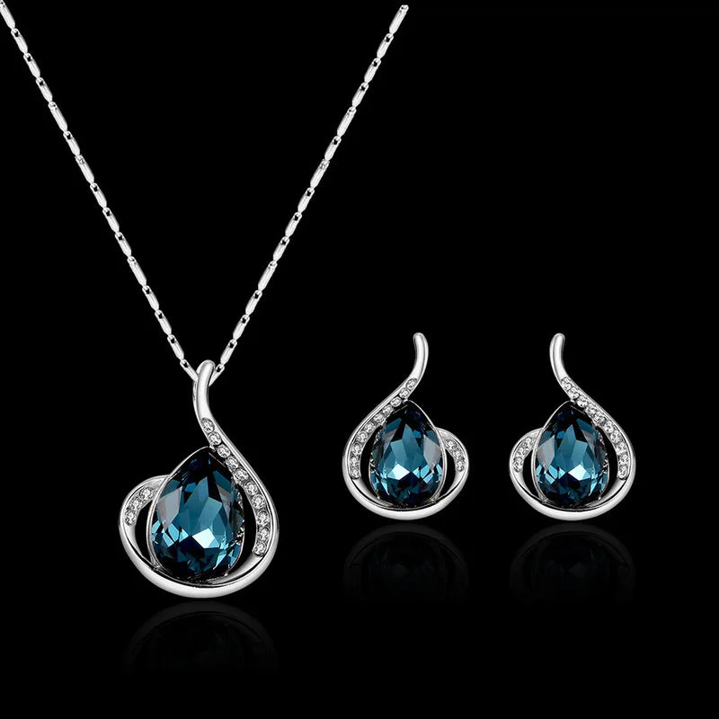 Women Elegant Waterdrop Rhinestone Pendant Necklace Hook Earrings Gold Jewelry Set Gift