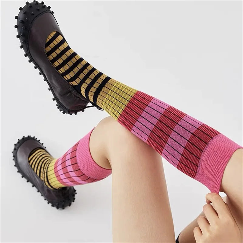 Autumn Winter Gradient Striped Colorful Retro Cotton Women High Tube Soft Sport Casual Calf Socks