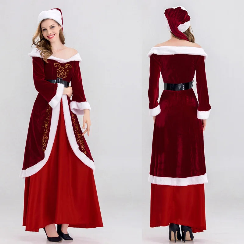 Deluxe Classic Mrs. Claus Christmas Costume Xmas Party Santa Claus Cosplay Women Red Dress Christmas