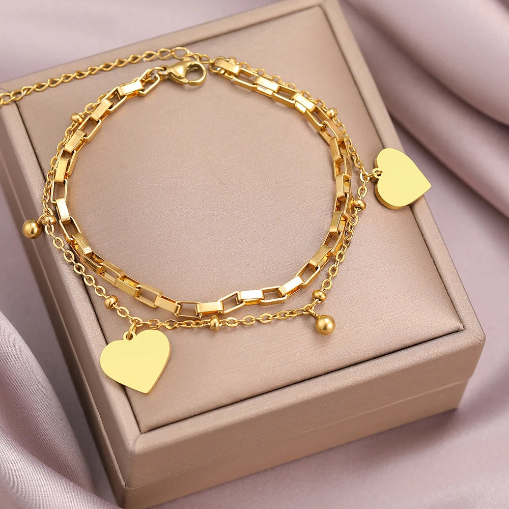 Stainless Steel Bracelets Personality Design Bell Hearts Pendant Beads Layer Chain Kpop Fashion Bracelet For Women Jewelry Gifts