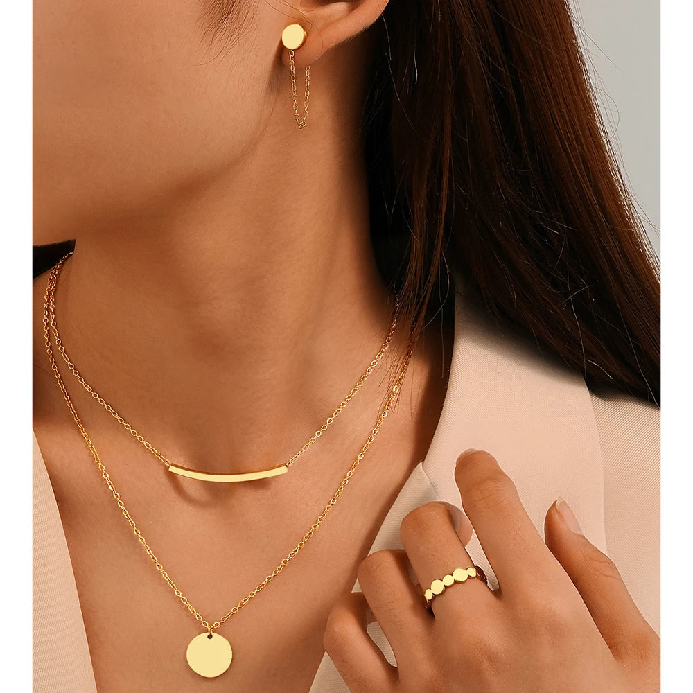 Round Ring Tassel Earrings Double Layers Necklace Simple Ring Gold Silver Women Jewelry Set Gift