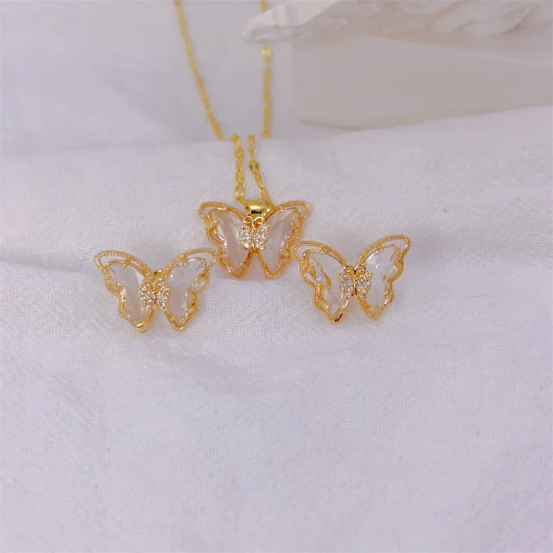 Fashion European American Cute Micro-inlaid Butterfly Necklace Earring Set Classic Light Luxury Gift