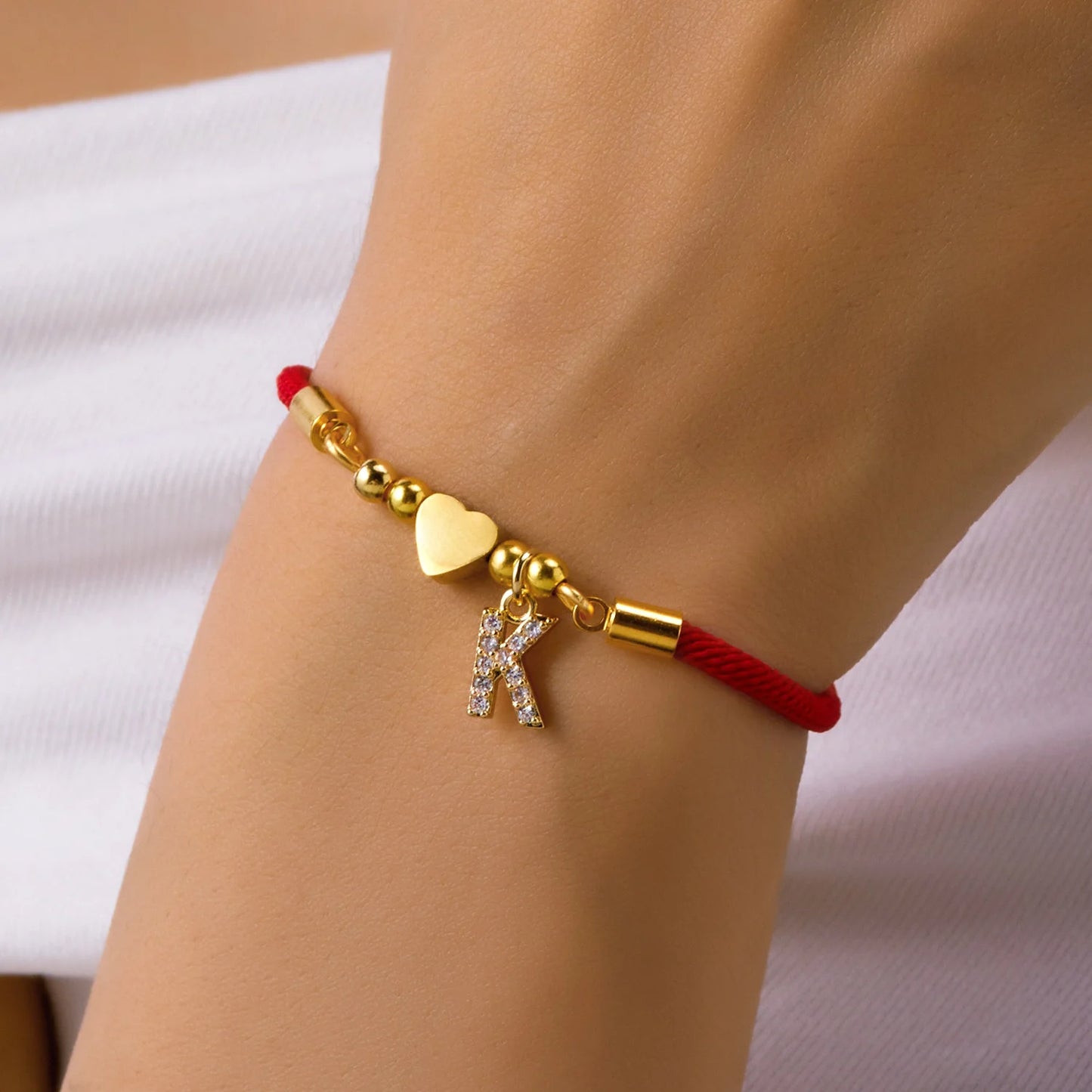 Gold Crystal Zircon A-Z Heart Initial Letter Charm Lucky Red Adjustable Rope Women Bracelet Jewelry