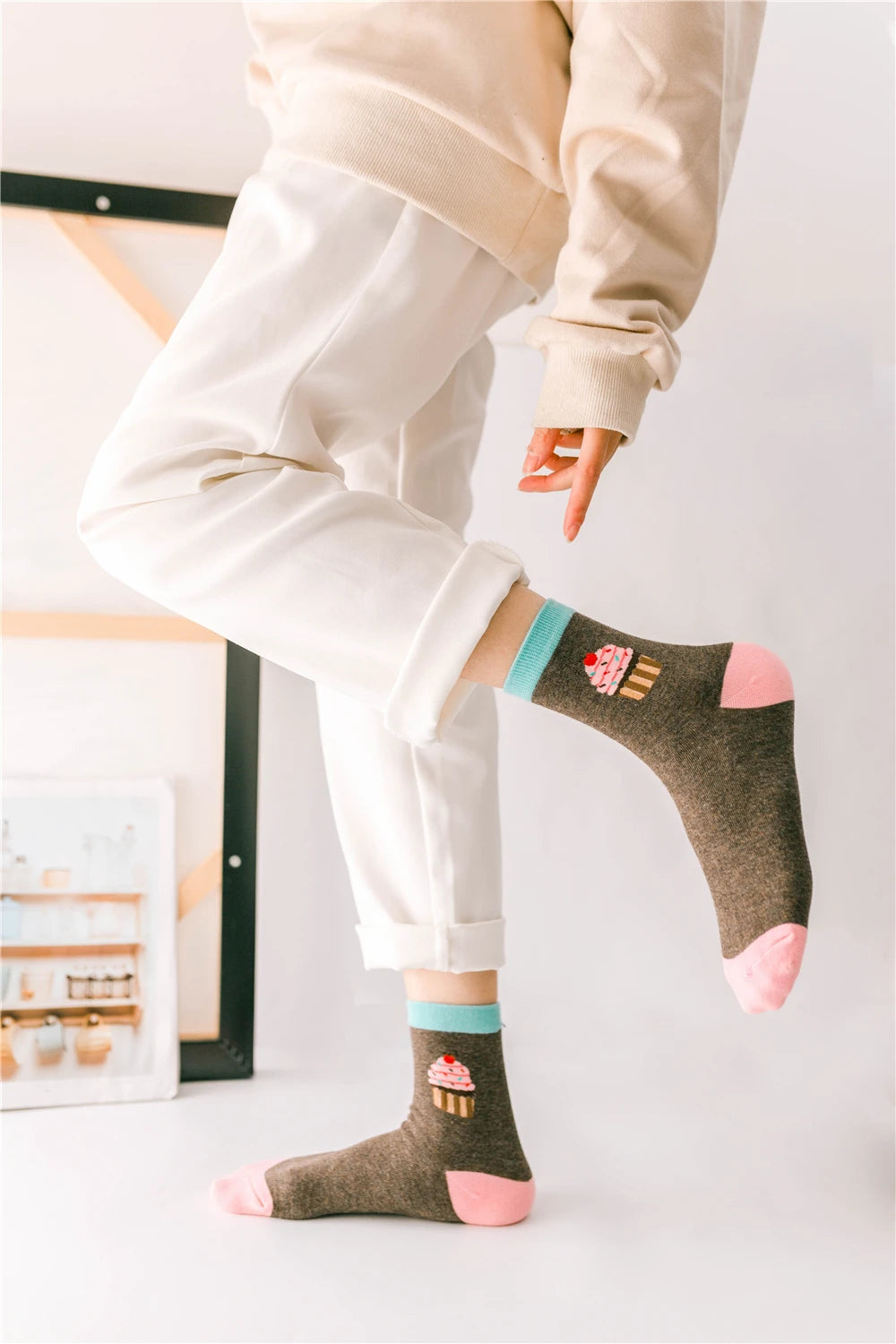 New Women Cartoon Burger Fries Pizza Cola Ice Cream Cake Patterned Funny Unisex Socks Christmas Gift