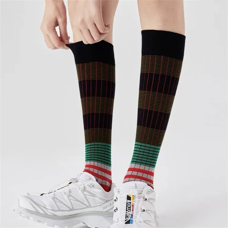 Autumn Winter Gradient Striped Colorful Retro Cotton Women High Tube Soft Sport Casual Calf Socks