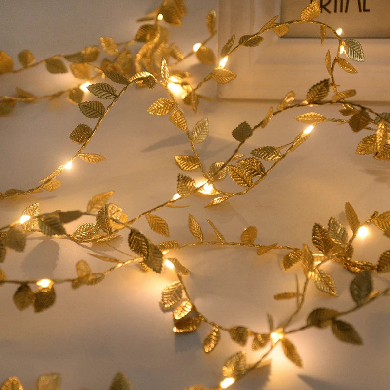 2M 20LED Gold Leaves Artificial Plant String Lights Christmas Birthday Party Home Garden Decoration