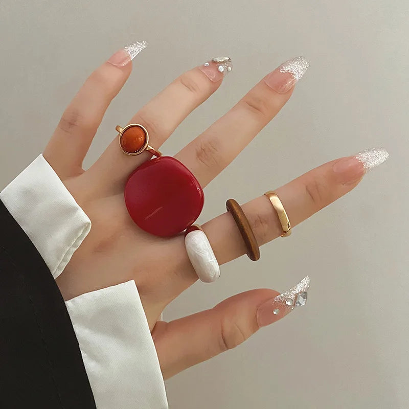 Retro Geometric Red Green Brown Resin Pink Enamel Gold Woman Rings Set Jewelry Gifts