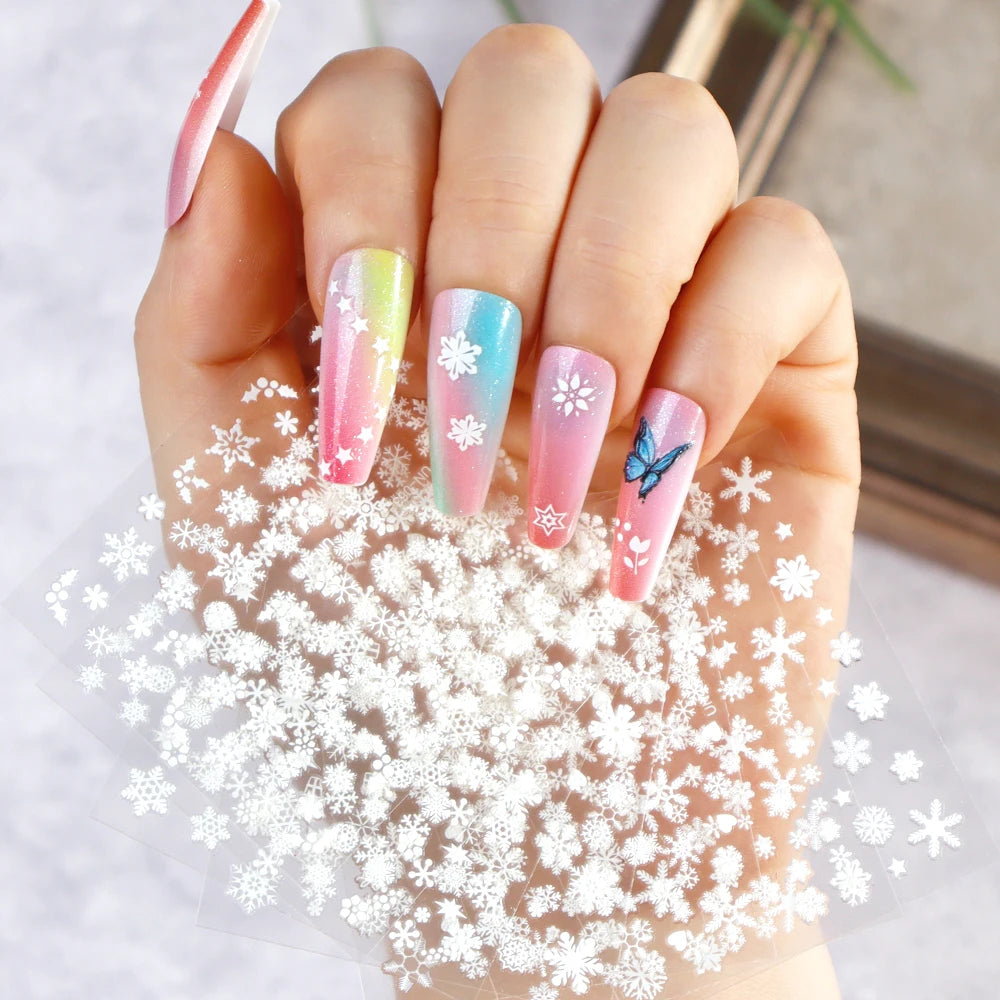 30 Sheets Christmas Nail Art Stickers Self Adhesive 3D White Snowflake Nail Decals Manicure Stickers