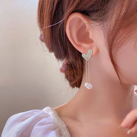 Crystal Heart Pearl Chain Tassel Long Drop Earrings Women Temperament Fall Christmas Jewelry Gift