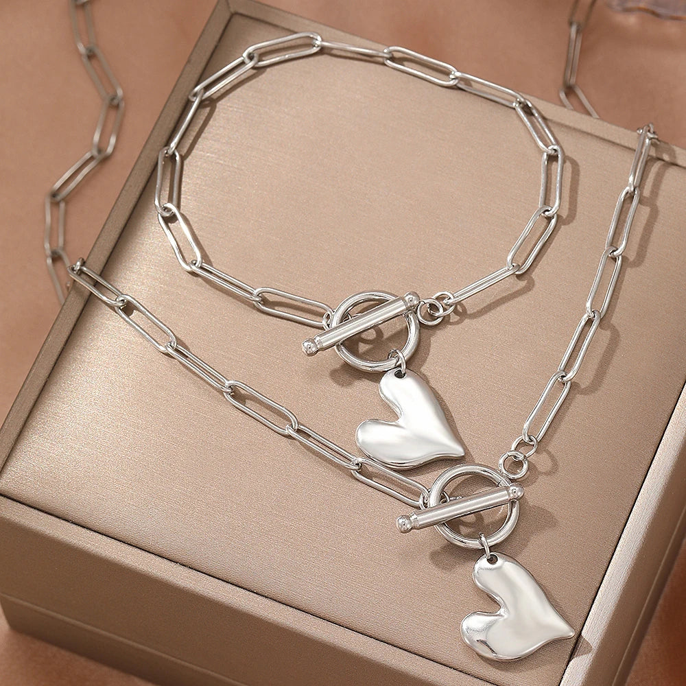 Fine Minimalist Single Chain Heart Charm Adjustable Gold Silver Women Necklace Bracelet Jewelry Set