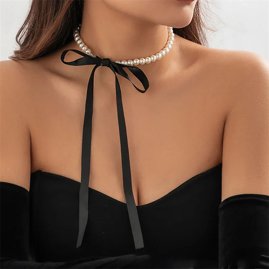 Romantic Imitation Pearl Beaded Fashion Black White Velvet Adjustable Bow Women Choker Necklace Gift