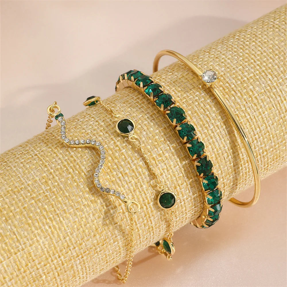 4pcs Fashion Snake Green Gemstone Rhinestone Full Metal Women Bangle Bracelet Christmas Jewelry Gift