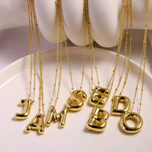 Delicate Chunky Alphabet Balloon Bubble Initial Letter Pendant Women Gold Stainless Steel Necklaces