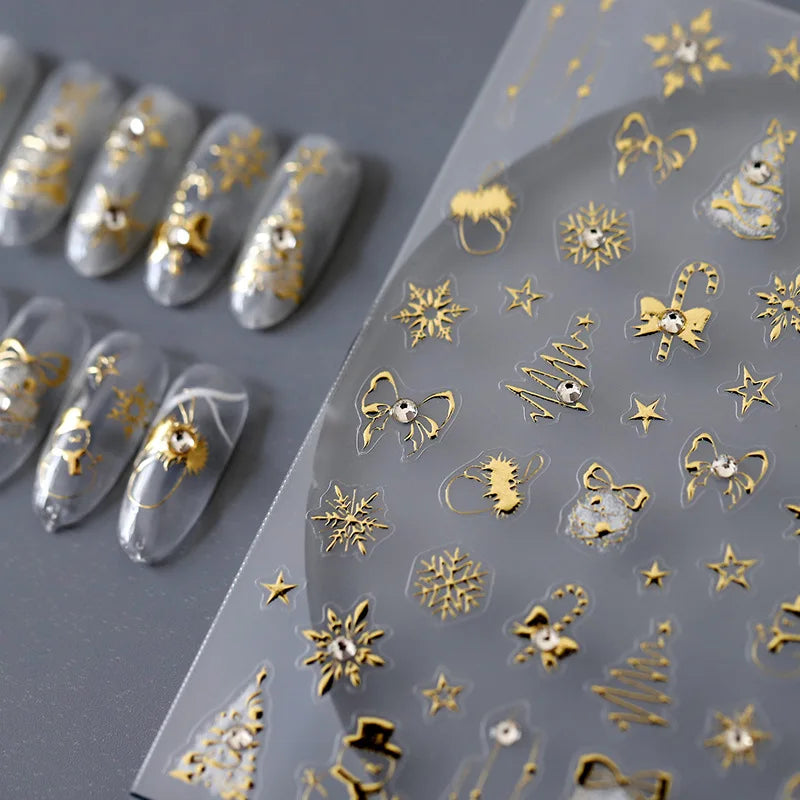 Gold Snowflake Bowknot Snowman 3D Self Adhesive Rhinestone 5D Emboss Relief Christmas Nail Stickers