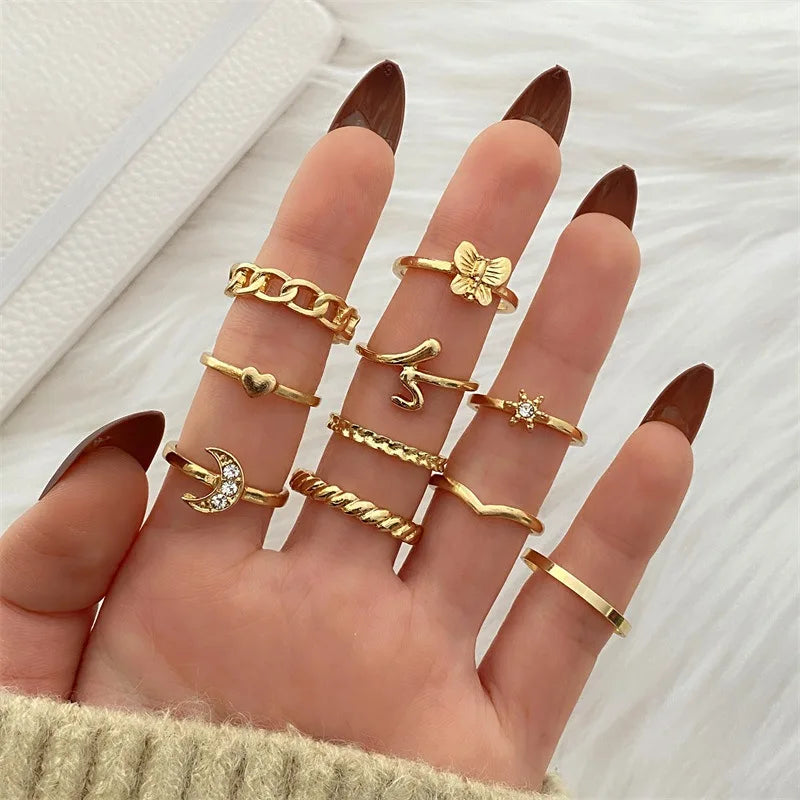 New Fashion Creative Geometric Leaf Wave Hollow Simple Gold Silver Women Rings Set Jewelry Gifts