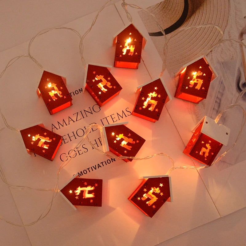 Christmas Wooden House LED String Light Xmas Tree Hanging Ornament Home Decoration New Year Gift