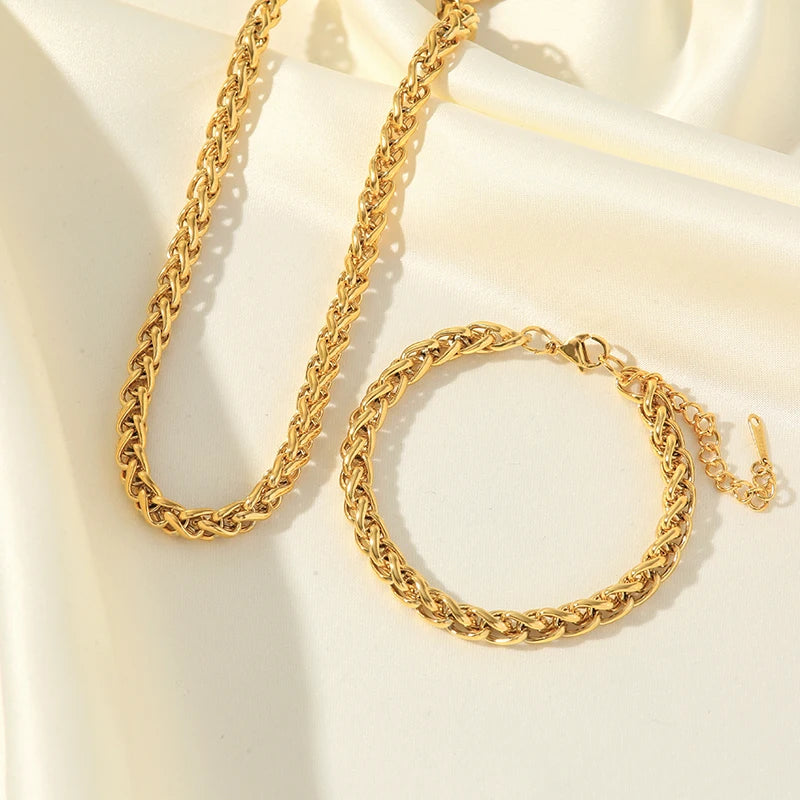 Gold Chains Necklace Bracelet Jewelry Set Women Collar Bijoux Gift