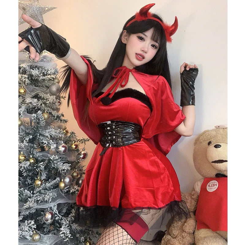 Halloween Little Devil Cosplay Uniform Nightclub Stage Velvet Dress Christmas Dress Girl