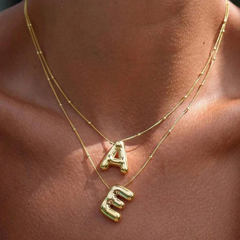 Delicate Chunky Alphabet Balloon Bubble Initial Letter Pendant Women Gold Stainless Steel Necklaces