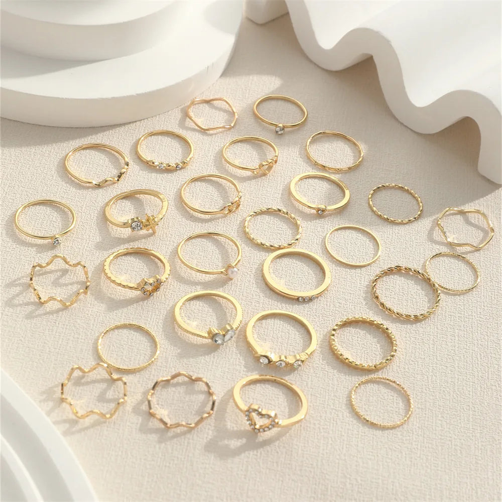 Fashion Simple Wave Joint Crystal Heart Shape Gold Silver Female Women Rings Set Party Jewelry Gifts