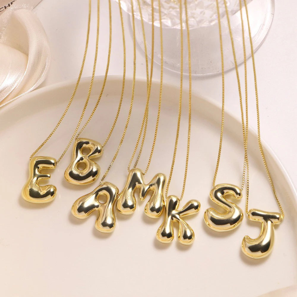 Gold Stainless Steel Initial Women Girls Chunky Bubble Letter Pendant Necklaces Collar Jewelry Gift