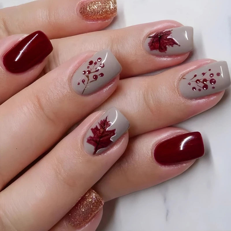 24pcs Maple Leaves Short Autumn Winter Fall Gold Red Full Cover Press On Nails False Nails