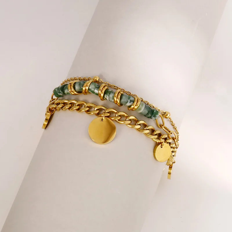 Green Natural Stone Bead Layered Chain Charm Pendant Gold Plated Women Bracelet Jewelry Gift