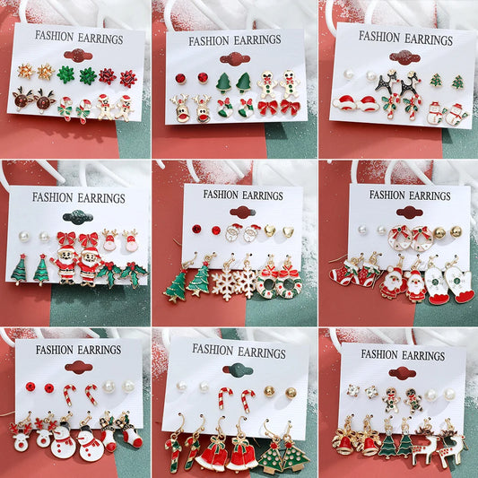 6 pairs Christmas Xmas Tree Elk Snowman Santa Claus Cute Stud Women Girls Kids Earrings Set Gifts