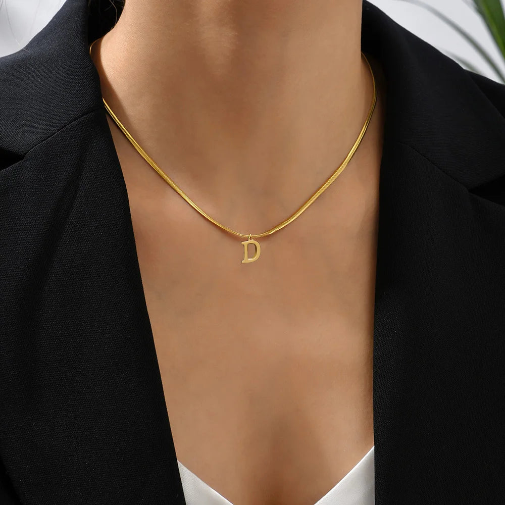 A-Z Alphabet Gold Stainless Steel Pendant Women Snake Chain Initial Letter Necklace Fall Jewelry