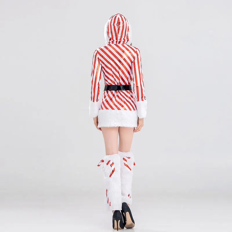 Women Christmas Hooded Dress 3pcs/Set Up Velvet Striped Mrs Claus Santa Xmas Party Cosplay Costume