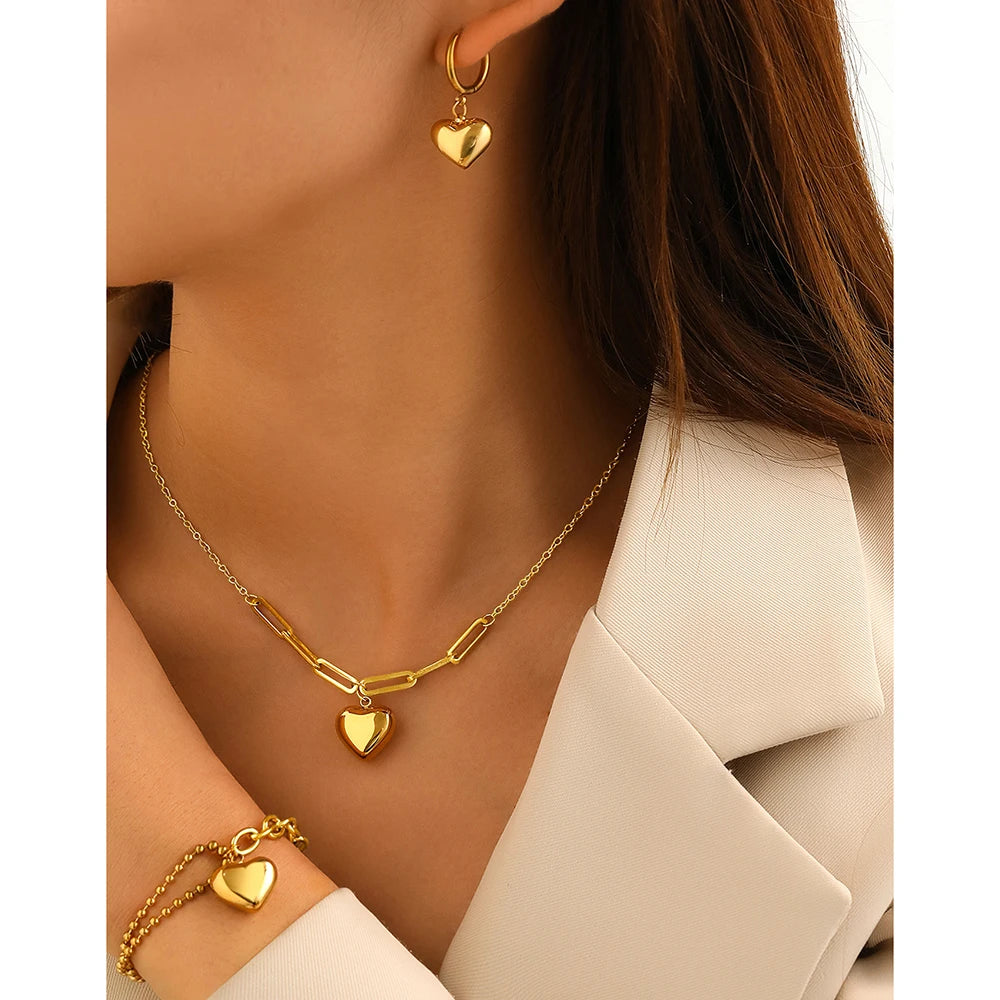 Hanging Heart Design Atmosphere Light Luxury Gold Silver Women Bracelet Necklace Earring Jewelry Set