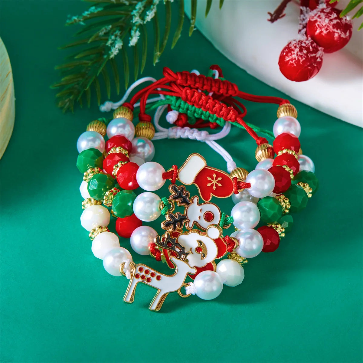 4pcs Merry Christmas Tree Santa Claus Deer Crystal Polymer Clay Beads Woven Women Bracelet Jewelry