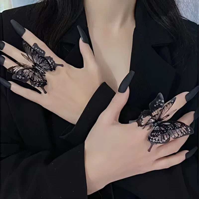 Punk 3D Large Butterfly Women Fashion Exaggerated Adjustable Gothic Rings Halloween Fall Jewelry