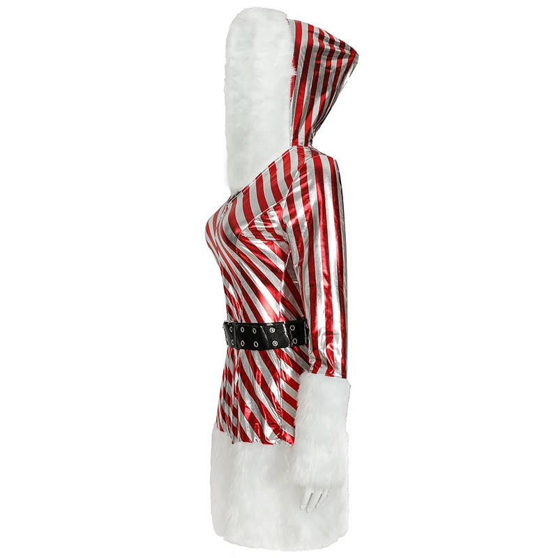 Women Christmas Hooded Dress 3pcs/Set Up Velvet Striped Mrs Claus Santa Xmas Party Cosplay Costume