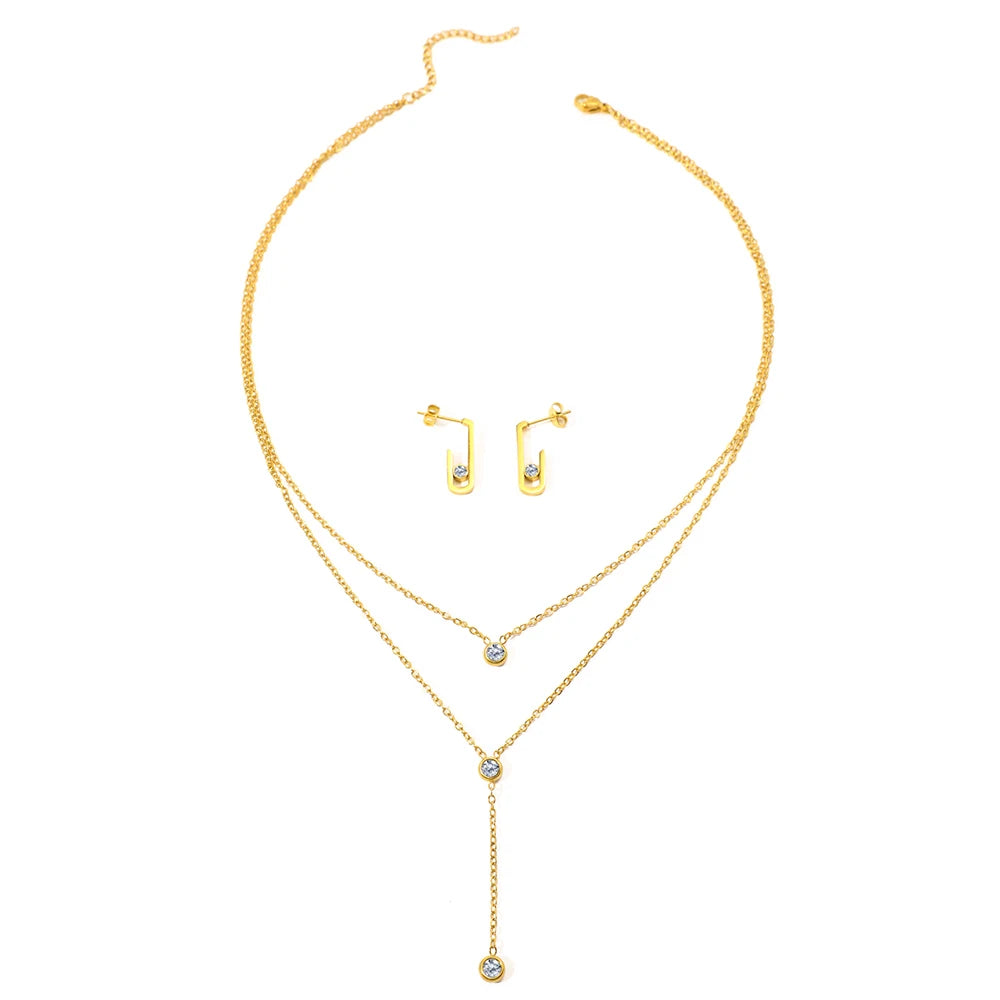 Fashions Zirconia Tassel Multilayer Chain Geometric Gold Silver Women Earrings Necklace Jewelry Set