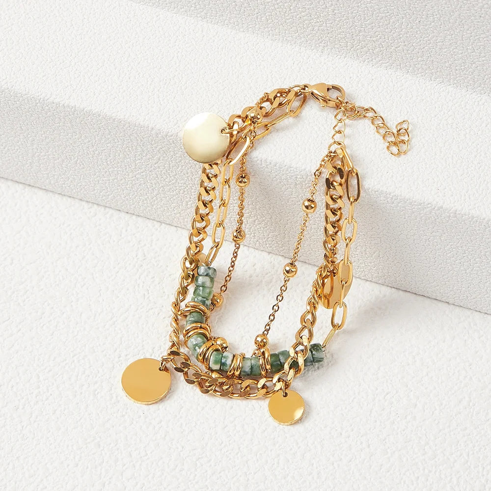 Green Natural Stone Bead Layered Chain Charm Pendant Gold Plated Women Bracelet Jewelry Gift