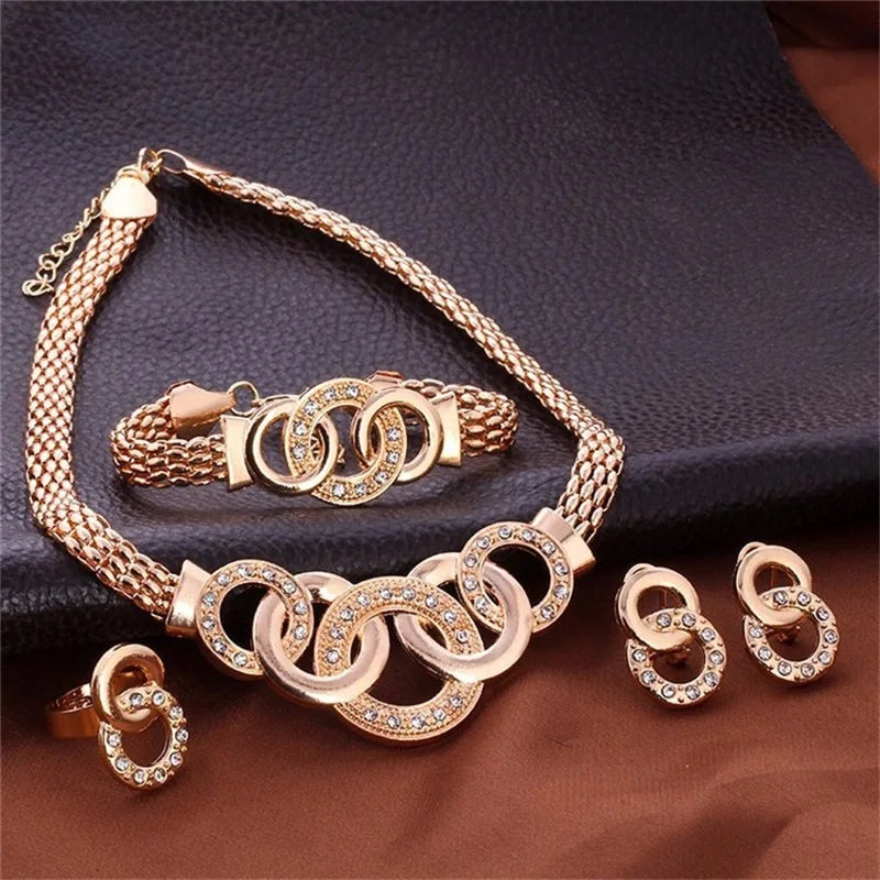 Fashion European American Five-Ring Suit Necklace Earrings Bracelet Ring Women Gold Jewelry Set Gift