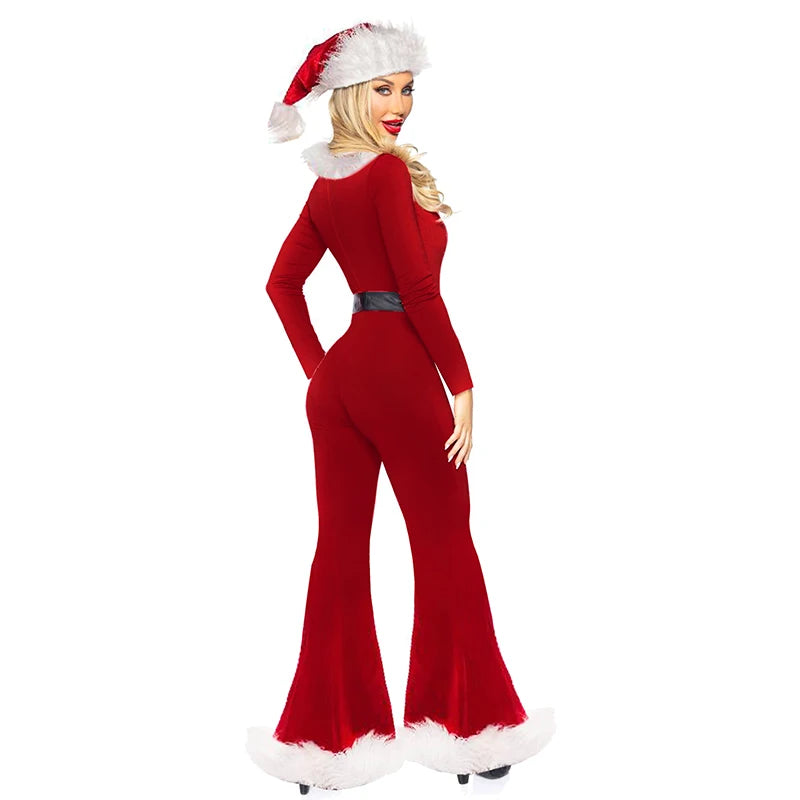 Women Christmas Costumes Cute Long Sleeve Flared Jumpsuit Santa Hat Set Cosplay Party Outfits