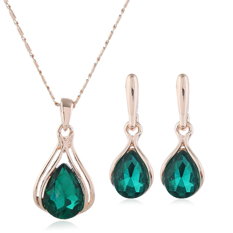 Fashion European American Zhihai Creative Geometric Blue Green Water Drop Women Earring Necklace Set