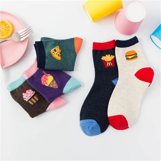 New Women Cartoon Burger Fries Pizza Cola Ice Cream Cake Patterned Funny Unisex Socks Christmas Gift