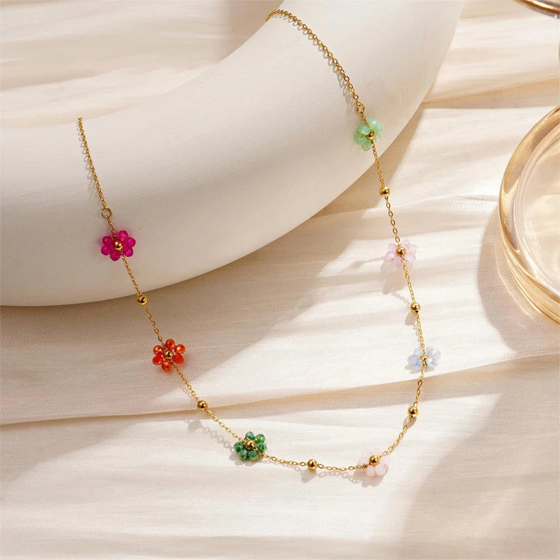 Gold Plated Necklace Bracelet Set Colorful Artificial Crystal Flower Chain Jewelry Set Women Gift