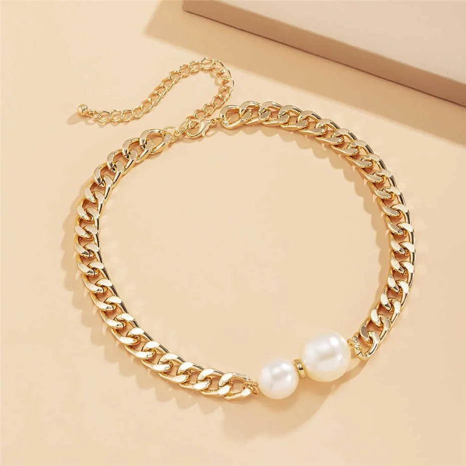 Korean Fashion Smooth Cuban Round Pearl Pendant Chain Gold Women Necklace Choker Jewelry Gift