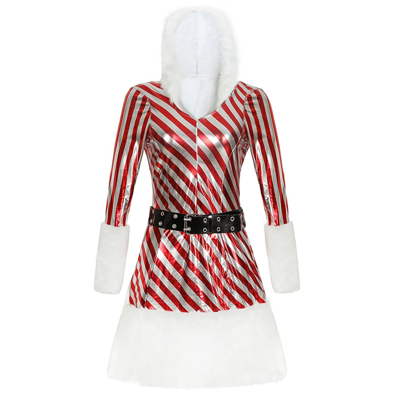 Women Christmas Hooded Dress 3pcs/Set Up Velvet Striped Mrs Claus Santa Xmas Party Cosplay Costume