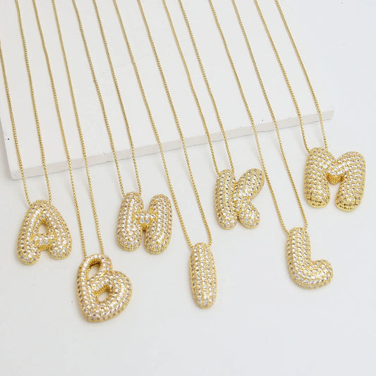 Sparkly Zircon A-Z Letter Initial Women Box Chain Gold Balloon Bubble Pendant Necklace Fall Jewelry